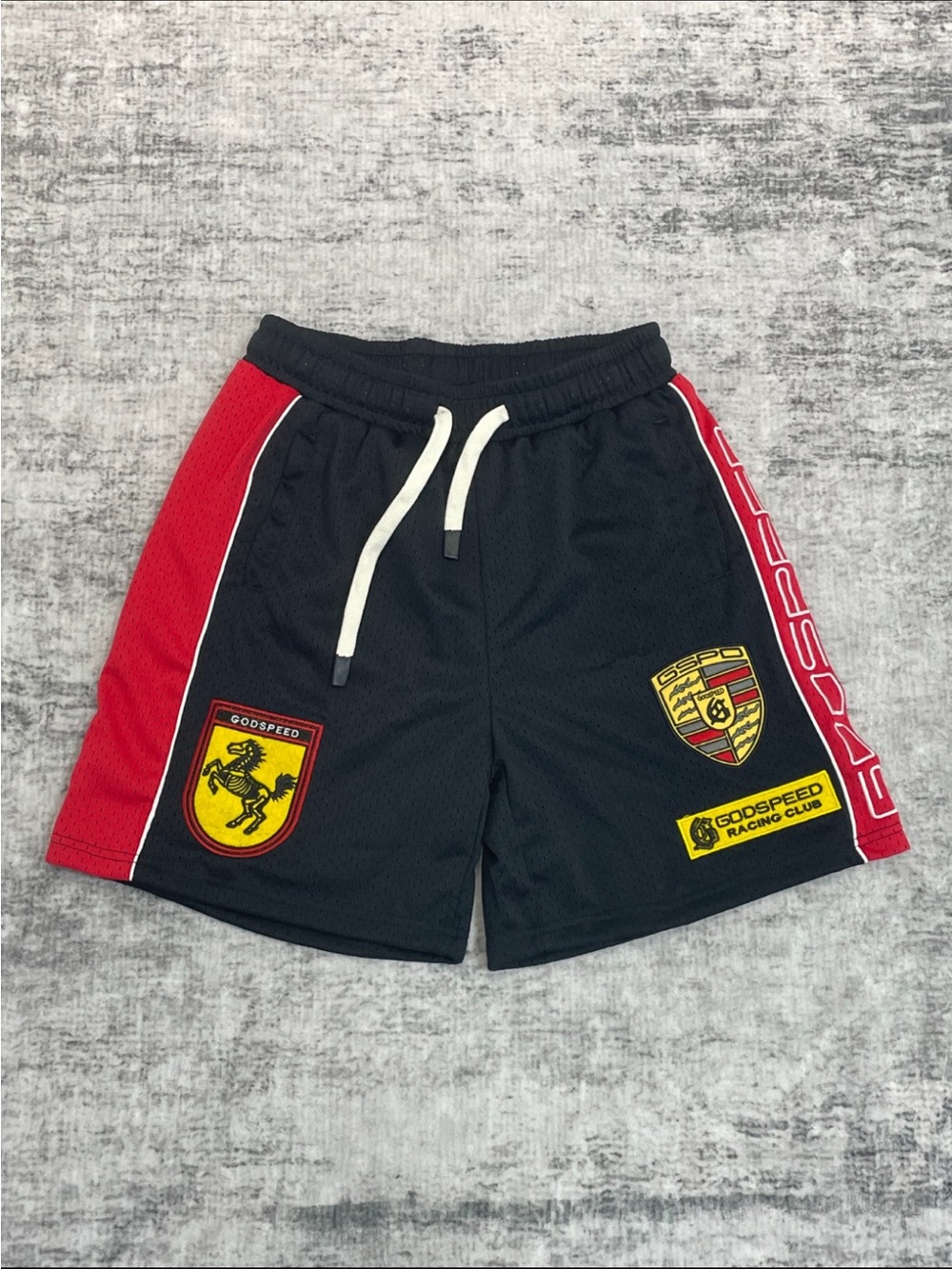 Godspeed Men's Black Athletic Shorts with Red Racing Panels